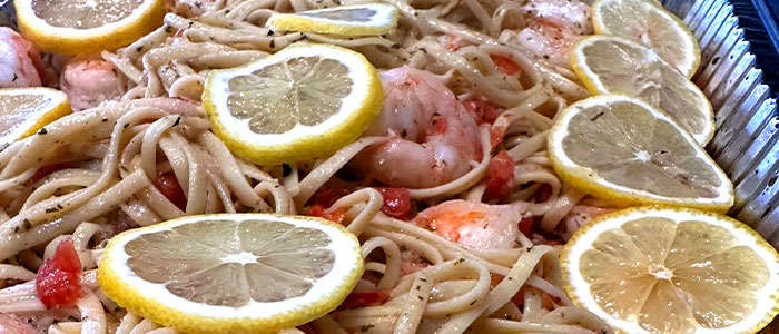 Catering with pasta trays, including shrimp and lemon from Nick's Place in Massachusetts and New Hampshire.