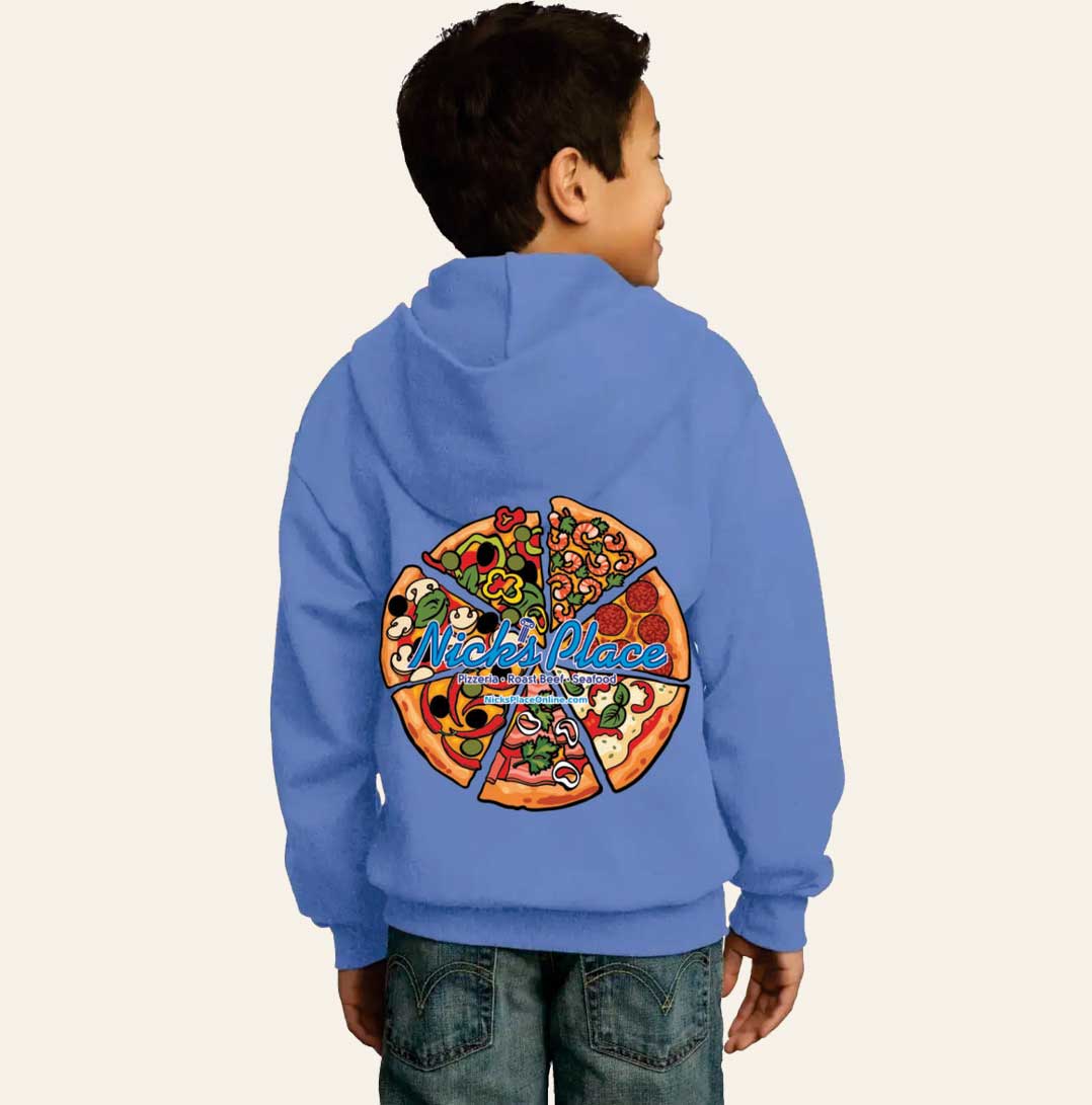 Boy wearing nick's place sweatshirt with pizza and Nick's Place logo.