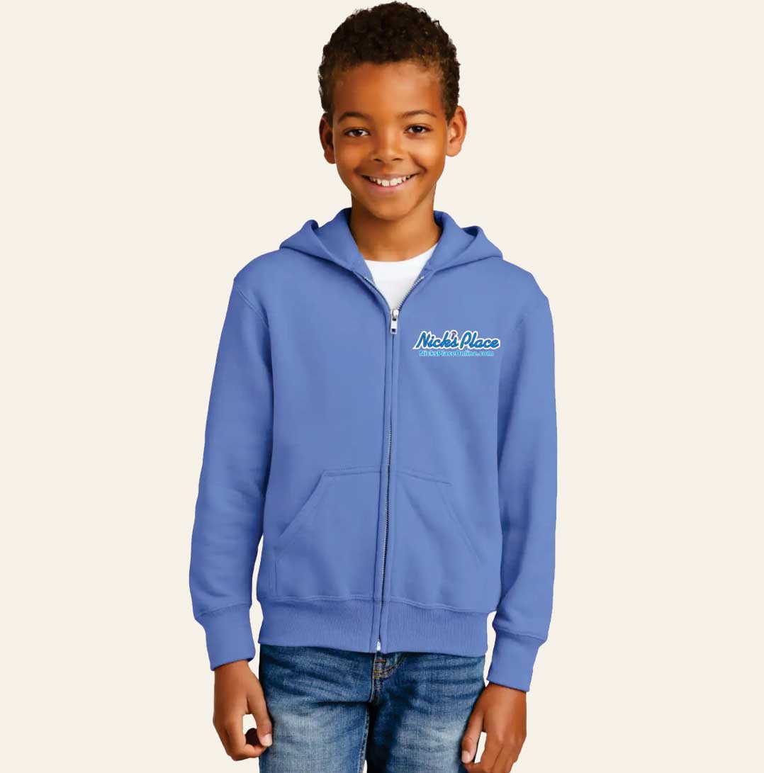 Boy wearing sweatshirt with Nick's Place logo in Massachusetts and New Hampshire.