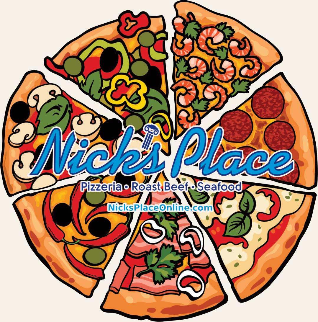 Nick's Place pizza and logo.