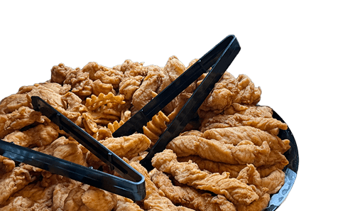 A platter of Nick’s Place fried chicken tenders and waffle fries with black serving tongs.